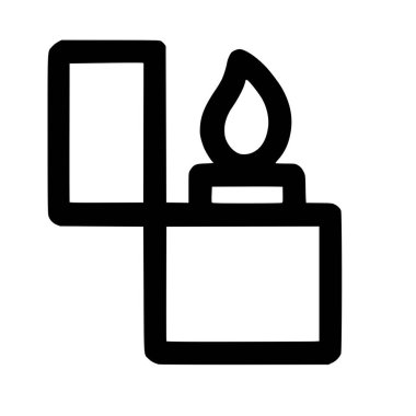 Klasik bir çakmak taşının basit bir siyah taslak simgesi. Kapak açık ve temiz beyaz bir arkaplanda minimalist vektör tarzıyla tasvir edilmiş bir alev yanıyor..