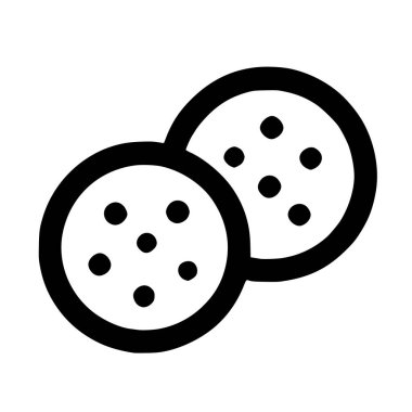 Üstüste binen iki çikolatalı kurabiyeyi resmeden minimalist bir grafik ikonu. Bu basit siyah-beyaz vektör çizimi beyaz bir zemin üzerinde izole edilmiştir, yemek ve fırın temaları için mükemmeldir..
