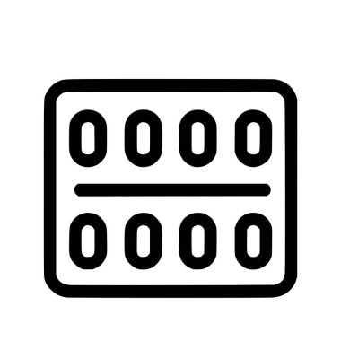 Sekiz tablet veya kapsül içeren su toplayan bir paketi gösteren minimalist siyah çizgi simgesi. Tıbbi veya eczane temaları için basit bir vektör grafiği.