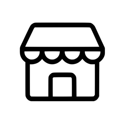 Bir mağazanın ya da tenteli bir dükkanın minimalist siyah taslak simgesi. Bu basit vektör grafiği web tasarımı, UI ve e-ticaret uygulamaları için uygun bir mağaza önünü temsil eder..