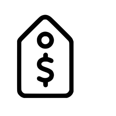 Bir dolar işareti içeren bir fiyat etiketinin minimalist ana hatları simgesi. Beyaz arka planda izole edilmiş bu vektör grafiği maliyet, satış, alışveriş ve finans sunar..