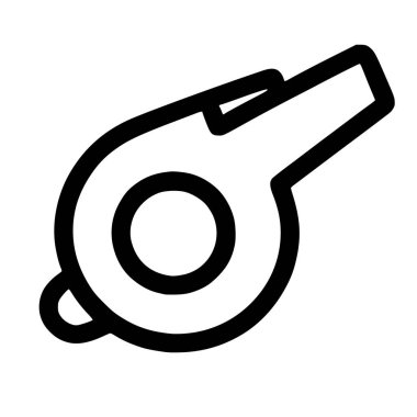 Bir düdüğün minimalist siyah beyaz çizgi simgesi. Bu basit vektör grafiği spor, koçluk, hakem veya güvenlikle ilgili tasarımlar ve arayüzler için mükemmeldir..