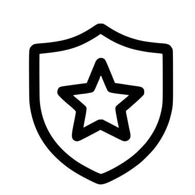 Bir kalkan ve yıldız rozetinin minimalist vektör grafiği. Beyaz arkaplan üzerinde bir logo veya simge koruma, garanti veya ödül kazanma hizmetleri için ideal.