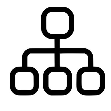 Bir akış şeması ya da organizasyonel yapıyı tasvir eden temiz ve basit bir siyah çizgi simgesi. Bir ana element hiyerarşiyi ve bağlantıyı sembolize eden üç alt elemente ayrılıyor..