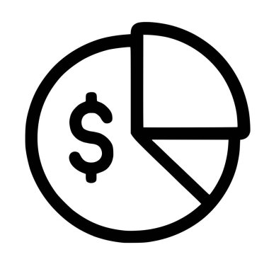Dolar işareti olan bir pasta grafiğinin minimalist çizgi simgesi. Bu grafik mali verileri, bütçe tahsisini, yatırım portföyünü, pazar payını ve ekonomik analizi temsil etmektedir..