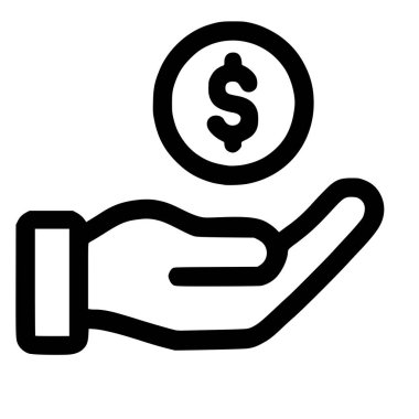 Minimalist bir vektör grafik ikonu üzerinde bir dolar işareti olan açık bir eli tasvir ediyor. Bu sembol ödeme, maaş, gelir, bağış ve yatırım gibi kavramları temsil etmektedir..