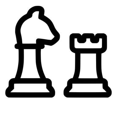 İki satranç taşı, bir fil ve bir kaleden oluşan minimalist bir vektör çizimi, temiz beyaz bir arka plan üzerinde cesur siyah çizgiler olarak gösteriliyor, strateji ve taktikleri temsil ediyor..