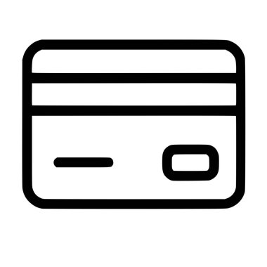 Kredi veya banka kartını temsil eden minimalist bir siyah ana hat simgesi. Modern ödeme yöntemleri, e-ticaret ve finans hizmetlerini sembolize eden manyetik bir şerit ve bir çip içerir..