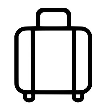 Basit bir siyah-beyaz çizgili sanat simgesi. Kolu ve tekerlekleri olan yuvarlanan bir bavulu tasvir ediyor. Bu minimalist grafik seyahat, tatil ve bagajı simgeliyor..