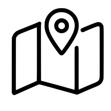 Katlanmış bir haritanın konum işaretli minimalist çizgi simgesi. Bu sembol yön bulma, konum belirleme, istikamet ve yolculuğu temsil ediyor. Beyaz bir arkaplanda izole edilmiş.