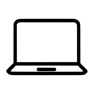 Bir dizüstü bilgisayarın minimalist siyah taslak simgesi. Bu basit vektör grafiği boş bir ekran içerir ve beyaz bir arkaplan üzerinde izole edilir, ağ veya uygulama tasarımı için mükemmeldir.