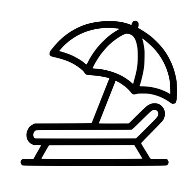 Güneş paneli ya da şezlonglu şezlong gösteren minimalist bir siyah beyaz taslak ikonu. Bu sembol yaz tatillerini, plaj rahatlığını ve seyahatleri temsil ediyor..