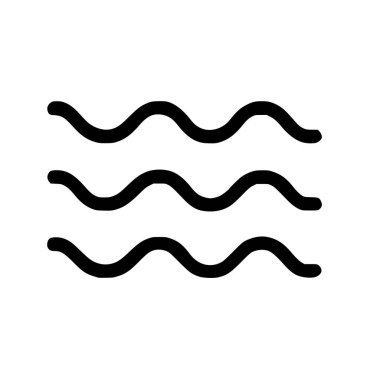 Üç yatay dalgalı çizgi tasvir eden temiz ve basit bir çizgi sanat ikonu. Bu minimalist grafik suyu, denizi, okyanusu, akışı veya dalgaları temsil eder. Beyaz bir arkaplanda izole edilmiş.