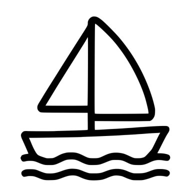 Bir yelkenlinin minimalist siyah beyaz çizgisi. Bu basit vektör simgesi, tek direkli bir tekne ve beyaz bir zemin üzerinde izole edilmiş, stilize dalgalar üzerinde yüzen bir yelkenli içerir..