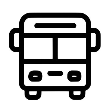 Önden görünen bir otobüsün minimalist siyah ana hatlı simgesi. Bu basit vektör grafiği toplu taşıma, seyahat ve ulaşımı temsil ediyor. Web ve uygulama tasarımı için mükemmel.