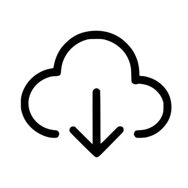 Bulut deposundan veri indirmeyi temsil eden bir minimalist çizgi simgesi. Sembol, beyaz bir arkaplanda izole edilmiş aşağı doğru ok ile basit bir bulut anahatına sahiptir..