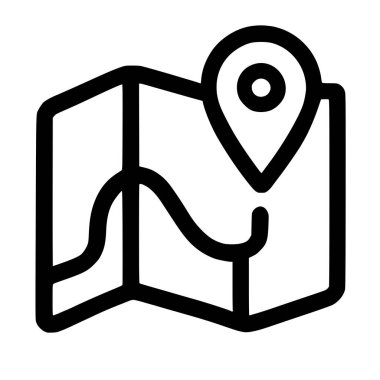 Bir minimalist siyah çizgi simgesi gözyaşı damlası şeklindeki konum broşlu katlanmış bir harita gösteriyor. Navigasyon, hedef ve yolculuğu sembolize ediyor. Beyaz bir arkaplanda izole edilmiş.