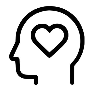 Beyin bölgesinde kalp sembolü olan bir insan profili gösteren minimalist siyah beyaz bir ikon. Sevgi, empati, şefkat ve duygusal refahı simgeler..