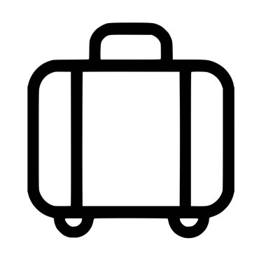 Yuvarlanan bir bavulu gösteren temiz ve basit bir vektör grafik ikonu. Tasarım, seyahat, tatil ve bagajı sembolize eden, sapı ve iki tekerleği olan siyah bir ana hata sahiptir..