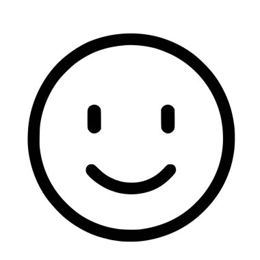 Klasik bir gülen yüzün minimalist siyah çizimi. Bu grafik simgesi, göz için iki küçük dikey çizgi ve mutlu gülümseyen ağız için eğri bir çizgi ile sade beyaz bir arkaplanda izole edilmiş bir daire içerir..