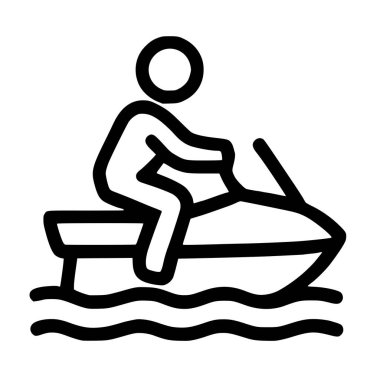 Bir minimalist siyah beyaz çizgi ikonu su dalgalarında jet ski ya da şahsi su aracına binen birini resmediyor. Su sporları, eğlence ve yaz tatili aktiviteleri için basit bir sembol.