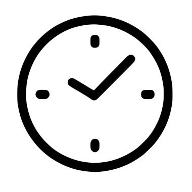 Saatin minimalist çizgi simgesi. Eller kontrol işareti şeklinde, onaylanmış zamanı, dakikliği ya da tamamlanmış bir görevi simgeliyor. Beyaz bir arkaplanda izole edilmiş.