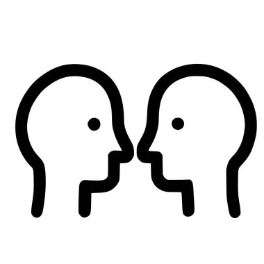 İki insan profilini yüz yüze gösteren minimalist siyah çizgi simgesi. Bu sembol diyalog, iletişim, ilişkiler, empati veya çatışma gibi kavramları temsil eder..