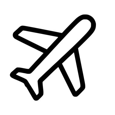 Minimalist siyah bir uçak çizimi. Bu basit vektör simgesi, kolay kullanım için beyaz bir arkaplanda izole edilmiş, hava yolculuğu, uçuş, tatil ve ulaşımı temsil eder..