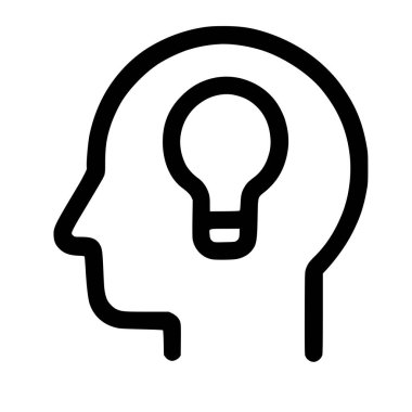 İnsan kafası siluetinde ampul gösteren minimalist bir çizgi sanat ikonu yaratıcılığı, yeniliği, beyin fırtınasını ve yeni fikirleri sembolize ediyor. Beyaz bir arkaplanda izole edilmiş.