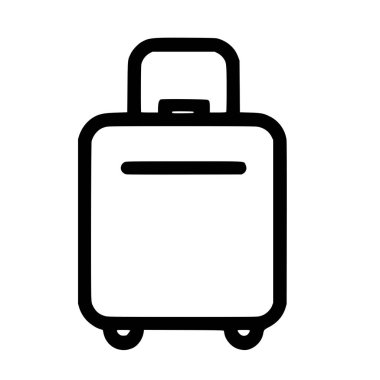 Yuvarlanan bir bavulun minimalist bir sanat simgesi. Bu vektör grafiği, tekerlekleri ve sapı olan, seyahat, tatil ve bagajı sembolize eden basit bir siyah bagaj çizgisi içerir..