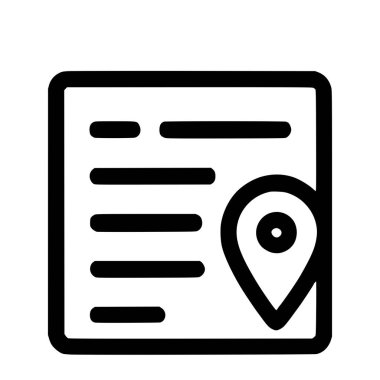 Beyaz arkaplanda minimalist bir siyah çizgi simgesi. Bir adres, konum verisi veya coğrafi konum raporunu sembolize eden bir harita iğnesi ile birleştirilmiş bir belge veya liste içerir..