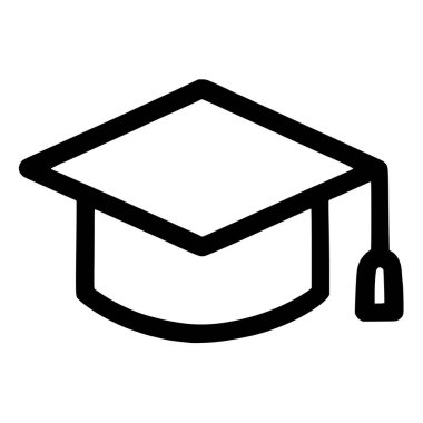 Akademik bir şapkanın siyah beyaz çizgisi sanatı. Eğitim temaları, mezuniyet duyuruları ve okulla ilgili tasarımlar için temiz ve modern bir grafik.