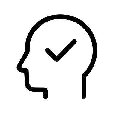 Pozitif bir zihniyeti, zihinsel berraklığı ve psikolojik refahı temsil eden basit bir çizgi ikonu. Kafanın içindeki kontrol işareti onaylanmayı, başarıyı ve doğru düşünmeyi simgeliyor..