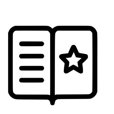 Açık bir kitabın basit bir siyah çizgi simgesi. Sol sayfa metin satırlarını gösterirken, sağ sayfa bir yıldız, gözde, yer imi veya özel içeriği sembolize eder.