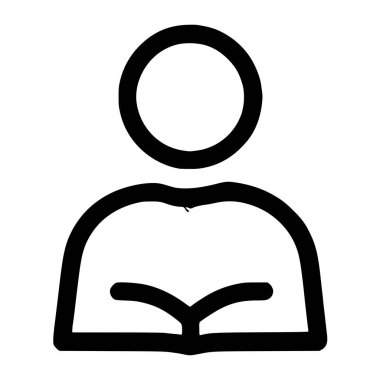 Şekil verilmiş bir insan figürünü ya da açık bir kitabı tutan kullanıcı avatarını tasvir eden basit bir siyah beyaz taslak ikonu. Okuma, öğrenme, bilgi ve eğitimi temsil eder.