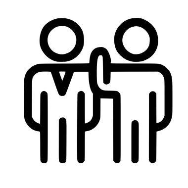 Minimalist siyah-beyaz bir ikon iki soyut insan figürünü bir anlaşma ya da dostluk jesti olarak tasvir ediyor, beşlik çakmak gibi. Takım çalışması, ortaklık ve sosyal bağlantıyı sembolize eder.