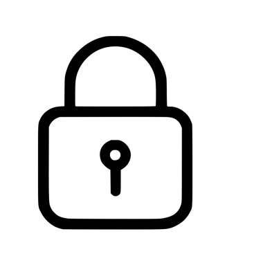 Kilitli bir asma kilidin temiz ve basit bir siyah taslak simgesi. Bu minimalist vektör grafiği güvenlik, güvenlik, gizlilik ve korumayı temsil ediyor. Beyaz bir arkaplanda izole edilmiş.