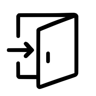 Bir minimalist vektör grafik simgesi beyaz bir arkaplanda izole edilmiş giriş girişini veya erişimi temsil eden açık bir kapı girişini gösteren bir ok gösterir.