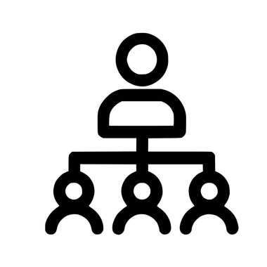 Bir hiyerarşik yapıyı tasvir eden minimalist siyah çizgi simgesi. Yukarıdaki tek bir figür aşağıdaki üç figürle bağlantılı, liderlik, heyet ve takım çalışmasını sembolize ediyor.