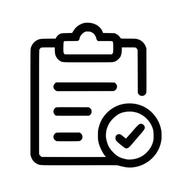 Minimalist bir siyah çizgi simgesi, içinde bir belge ve daire şeklinde işaretler olan bir pano gösteriyor. Bu sembol tamamlanmış bir görevi, başarılı bir doğrulamayı veya onaylanmış bir raporu temsil eder..