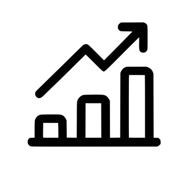 Beyaz arka planda büyümeyi, başarıyı ve finansal ilerlemeyi sembolize eden, yükselen bir ok ve üç çubuk grafiğini gösteren minimalist bir siyah çizgi simgesi.