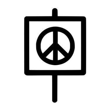 Kare bir levha içinde barış sembolü gösteren minimalist bir siyah-beyaz vektör ikonu. İşaret bir sopanın üzerinde duruyor. Protesto, aktivizm ve ahengi temsil ediyor..