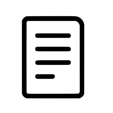 Bir kağıt veya dosya simgesinin minimalist vektör grafiği. Simge, yuvarlak köşeleri ve yazılı içerik veya veriyi sembolize eden çeşitli yatay çizgilere sahip siyah bir ana hata sahiptir..