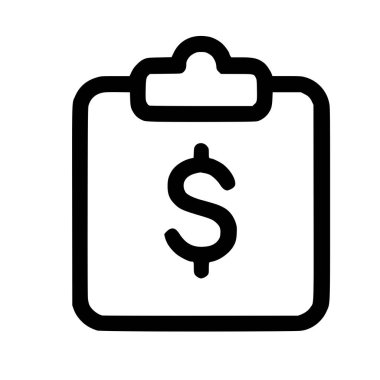 Dolar sembollü basit bir siyah çizgi simgesi, mali belgeleri, bütçe planlamasını, faturaları, harcamaları ve beyaz arka plandaki maliyet analizini temsil ediyor..