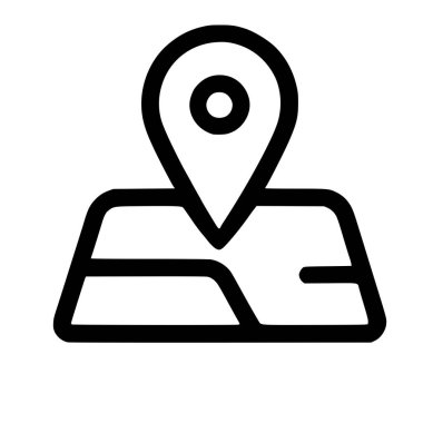 GPS, navigasyon ve hedef noktaları temsil eden biçimlendirilmiş bir haritaya yerleştirilmiş basit bir siyah çizgi simgesi veya konum simgesi.