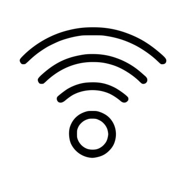 A minimalist black line art icon representing a Wi-Fi or wireless signal. The symbol features three curved lines above a solid circle, isolated on a white background.