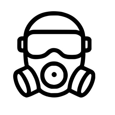 Tam yüz gaz maskesi ya da solunum cihazının basit siyah çizgili vektör ikonu. Tehlikeli maddelerden, kirlilikten, zehirli dumandan ve hava yoluyla bulaşan parçacıklardan korunmanın bir sembolü..