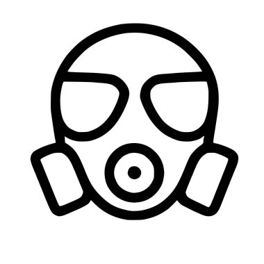 Gaz maskesinin minimalist siyah-beyaz çizgisi çizimi. Bu vektör ikonu koruma, güvenlik, tehlikeli maddeler ve solunum savunmasını temsil eder..