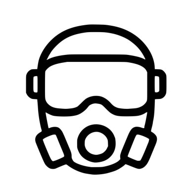 Gaz maskesi, gözlük ve filtreli basit siyah beyaz çizgi simgesi. Güvenlik sembolü, tehlikeli madde koruması ve solunum savunması..