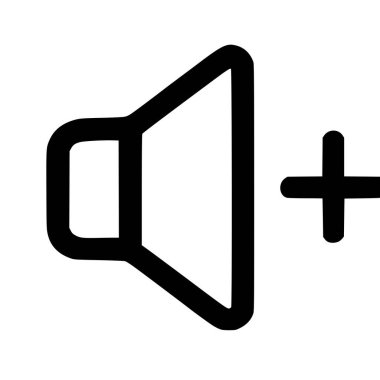 Ses seviyesini yükselten veya arttıran, artı işareti olan bir hoparlörün minimalist siyah ana hatlı simgesi. Beyaz arkaplanda izole edilmiş yaygın bir UI ögesi.